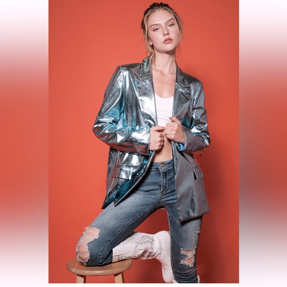 18 Metallic Faux Leather Chic  Open Blazer Jacket - Picture 1 of 6